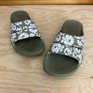 OOFOS Ooahh Olive Green & White Floral Slides / Sandals